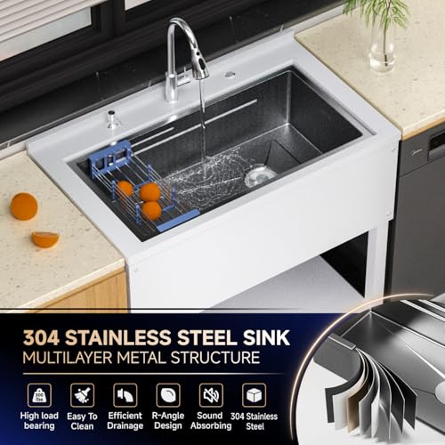 Stainless Steel Utility Sink,24" FreeStanding Laundry&Utility Room Sinks with Cold and Hot Water Faucet,Hoses and Drain Kit Commercial Single Bowl,Laundry Sink for Kitchens, Garage (24x18x36 Black)