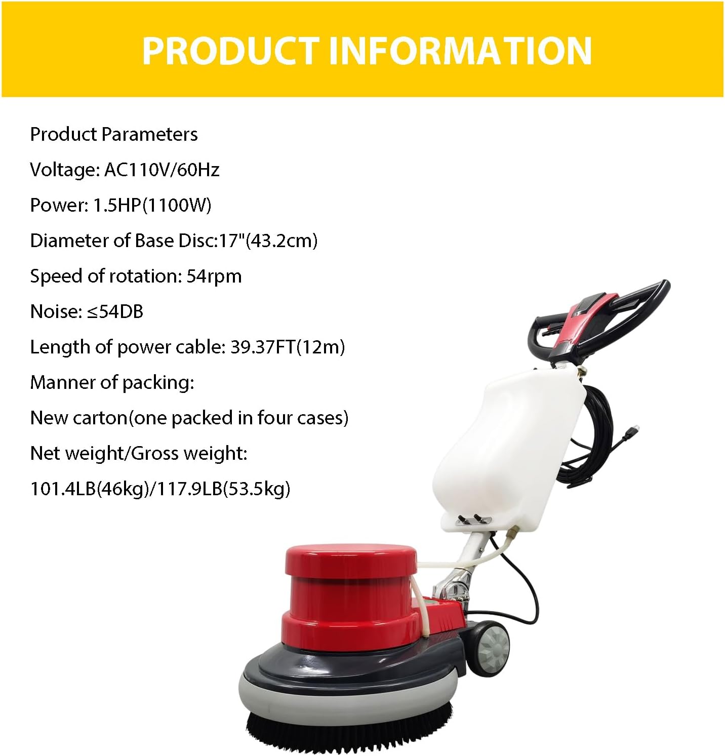 Industrial Floor Buffer Commercial Polisher Floor Scrubber Heavy Duty Floor Polisher Cleaning Machine 17'' Single Pad Tile Scrubber Carpet Burnisher Floor Brush Cleaner 1.5HP 110V Red