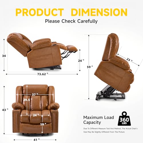 Large Power Lift Chairs Recliners for Elderly with Heated and Massage, Overstuffed Adjustable Lift Chairs, 3 Positions, Breathable Leather, USB-A and USB-C, Cup Holder, Side Pocket Dark Brown