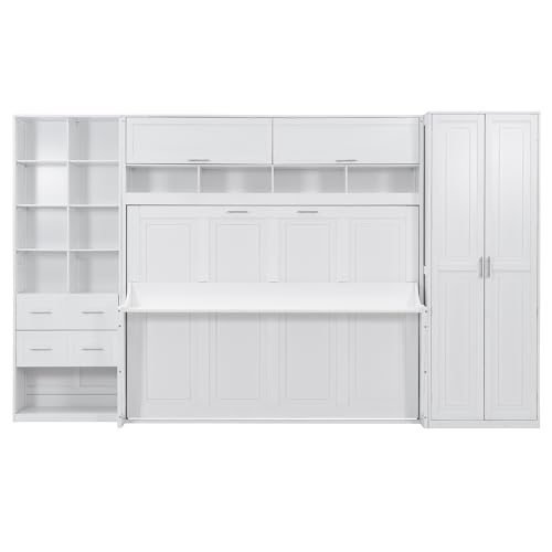 KLMM Wooden Murphy Bed Wall Bed with 2 Wardrobe and Storage Shelf,Foldable Platform Bedframe for Guest-Room Bedroom Study Office Use (White#E, Full)