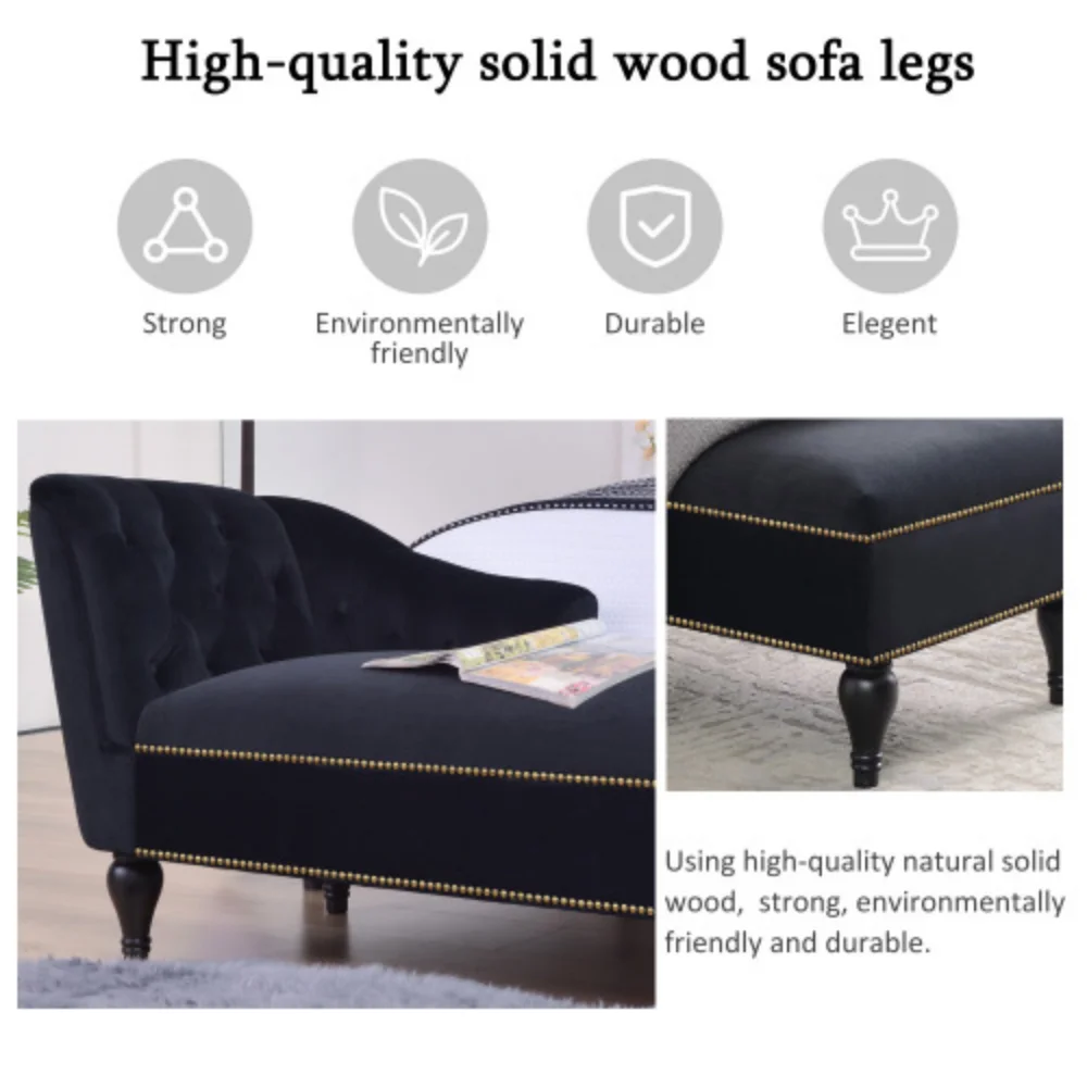 8" Velvet Chaise Lounge,Button Tufted Right Arm Facing Lounge Chair with Nailhead Trim & Solid Wood Legs for Living Room or Office, Sleeper Lounge Sofa (Black)