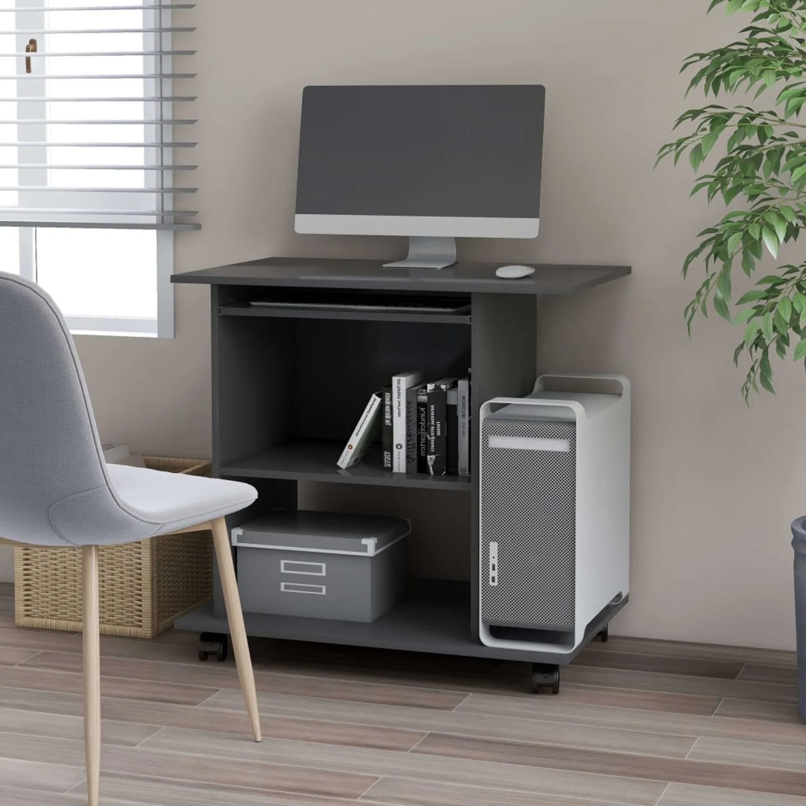 moobody Computer Desk with Keyboard Tray and CPU Tower Writing Table Engineered Wood Wheeled Workstation Gray Home Office Furniture 31.5 x 19.7 x 29.5 Inches (W x D x H)