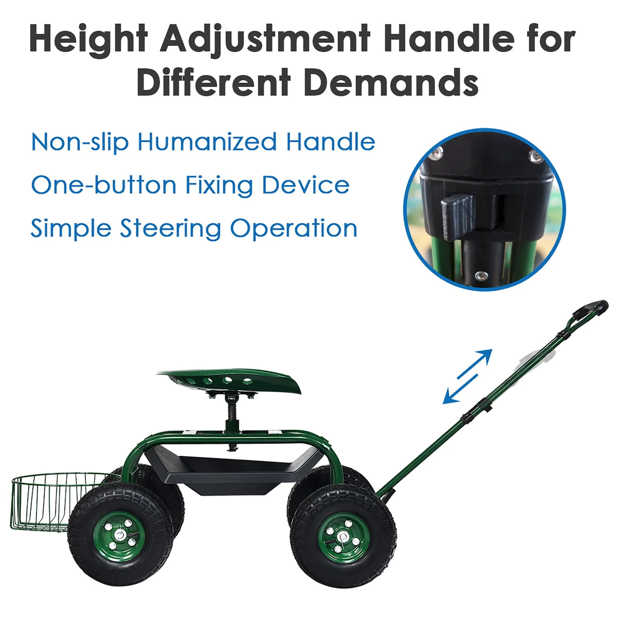 Costway Garden Cart Rolling Work Seat w/Tray Basket E xtendable Handle Green
