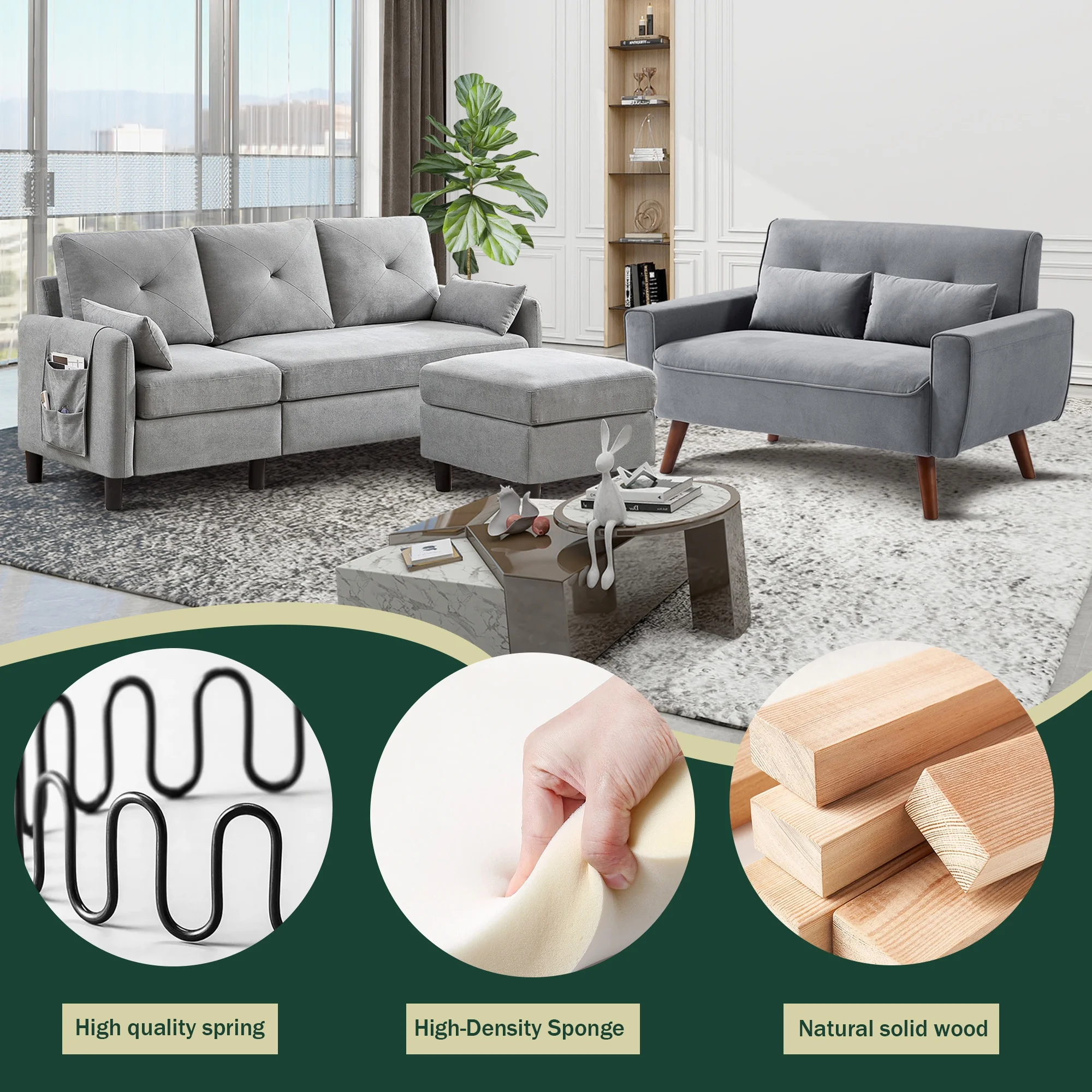 79" Convertible Sectional Sofa Set, Small L Shaped 3-Seat Couch with Reversible Chaise and Accent Chair, Modern Linen Sofas Couches for Living Room, LightGrey - Curated Treasures Market