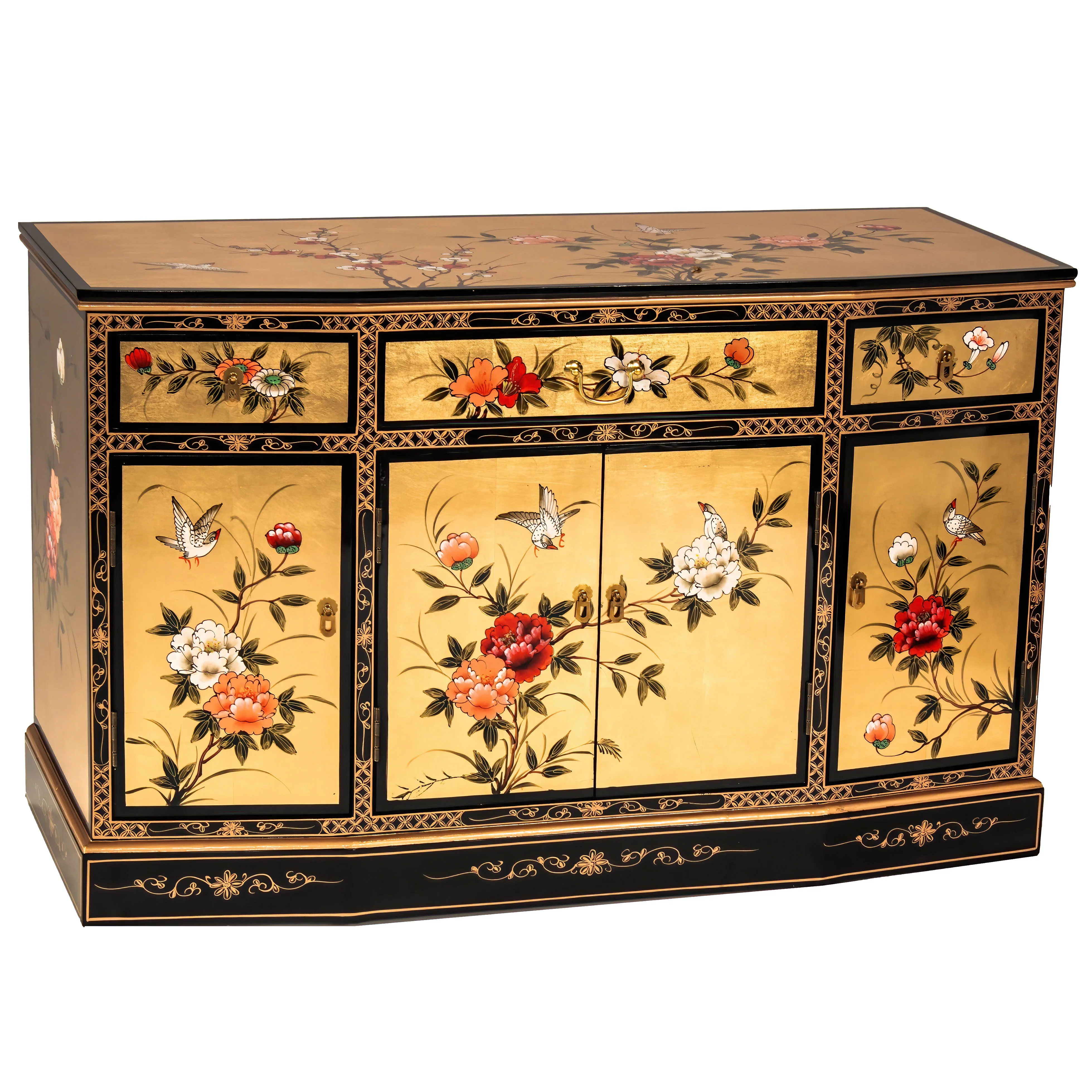 Oriental Furniture Gold Lacquer Slant Sideboard - Birds and Flowers - Curated Treasures Market