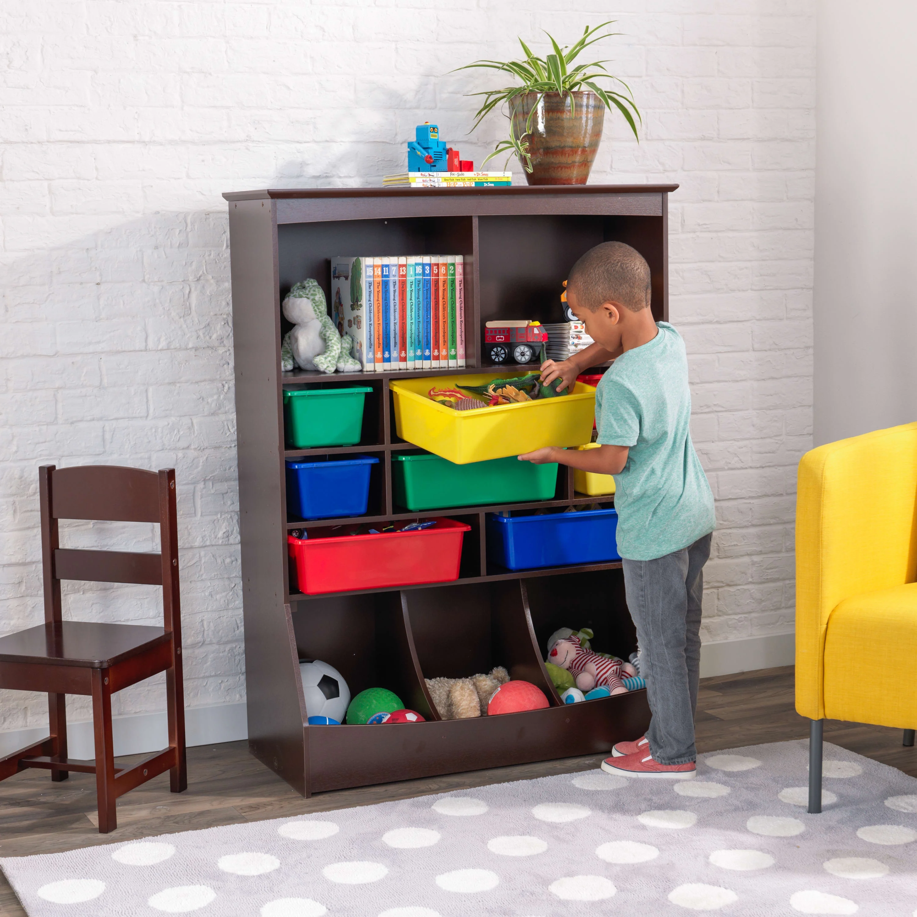 KidKraft Wood Wall Storage Unit Organizer with 8 Bins, Espresso