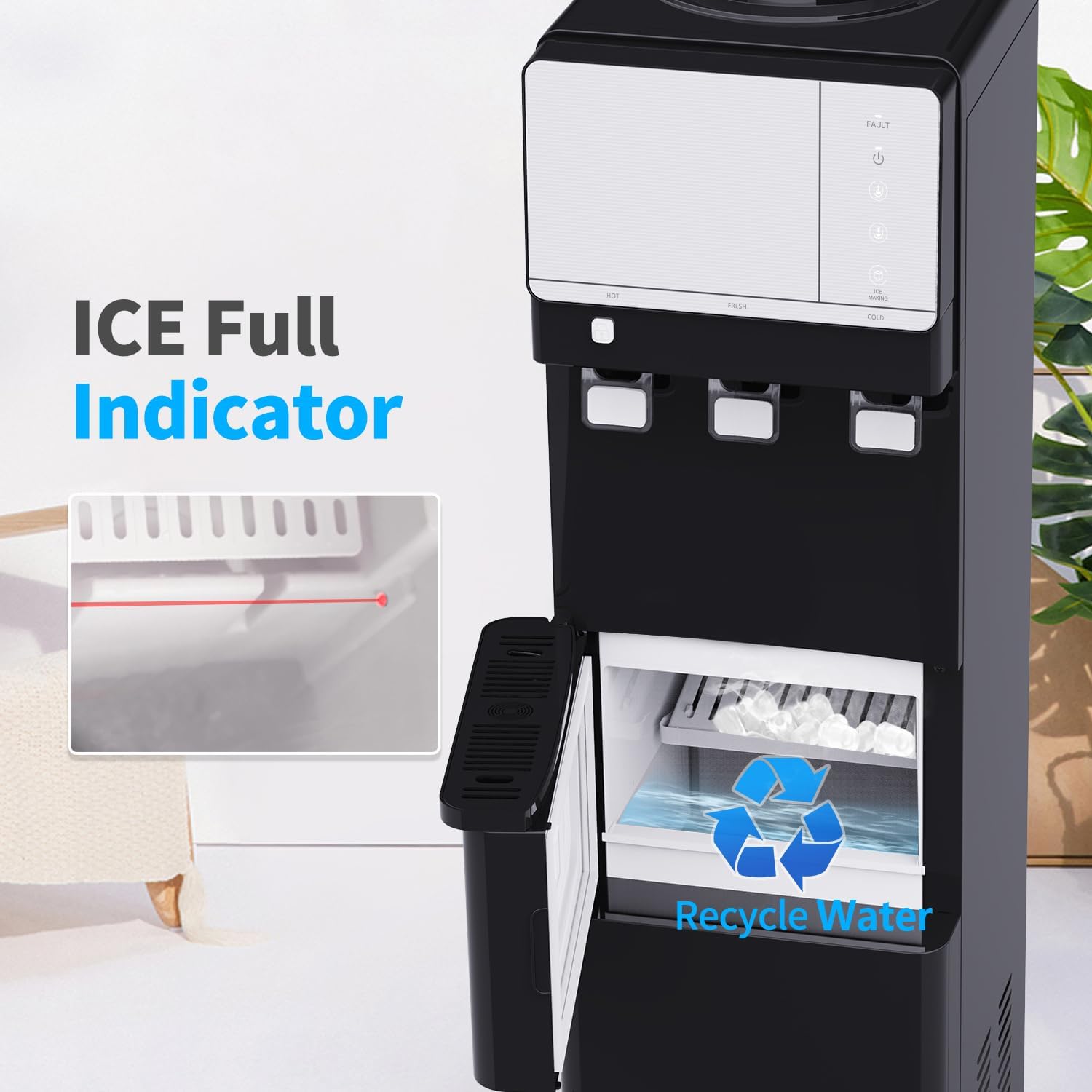 Water Cooler Dispenser with Ice Maker - Top Loading Water Dispenser 3 or 5 Gallon - 3 Temperature Setting - 27 lbs in 24 hrs - 9 Ice Cubes Per 5-7 Mins - Child Safety Lock Black