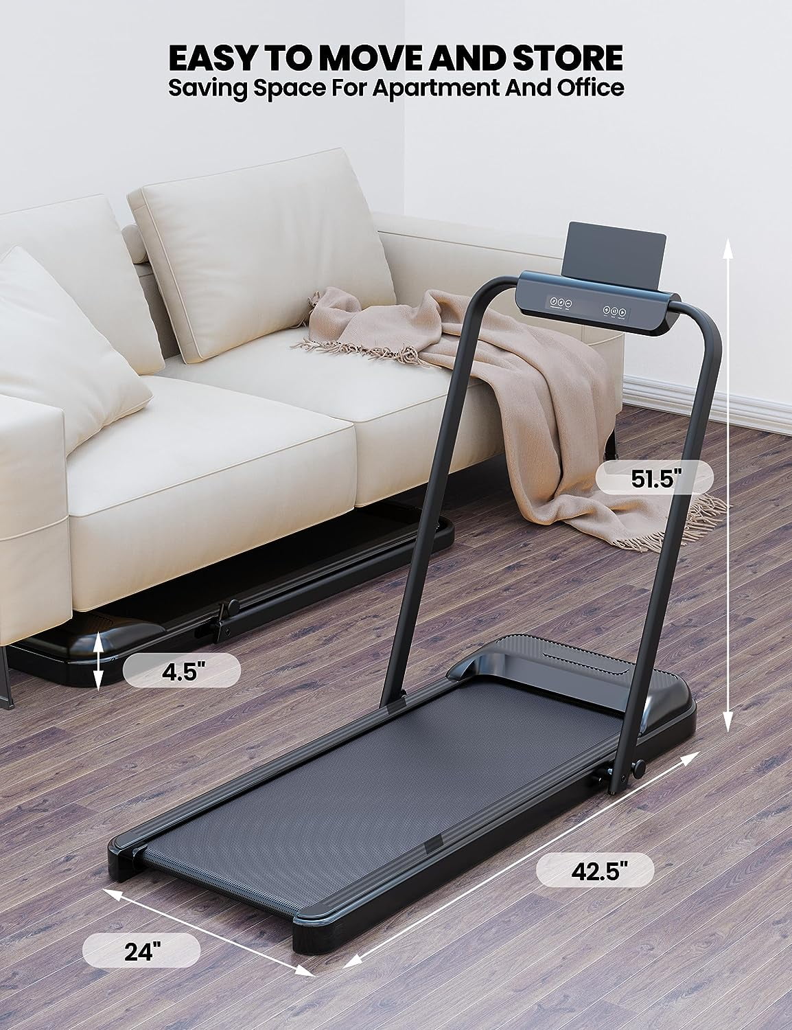 2-in-1 Treadmill, [2.25 HP] [0.6-6.2 MPH] for Running Walking, Folding Treadmill with Real-time Workout Data on LCD Display, Under Desk Treadmill for Apartment Office Home Workout- Black