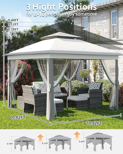 11x11 Pop Up Gazebo Tent with Mosquito Netting, Outdoor Canopy Shelter Easy Setup, Water & UV Resistant - Khaki