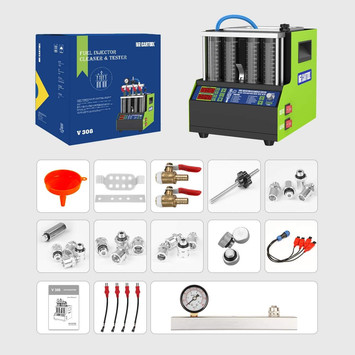MR CARTOOL V308 Ultrasonic Fuel Injector Tester Cleaner Machine Kit with 4 Cylinders, 110V Automotive Cleaning Spark Plug Testing Leak Injection for Car Motorcycle