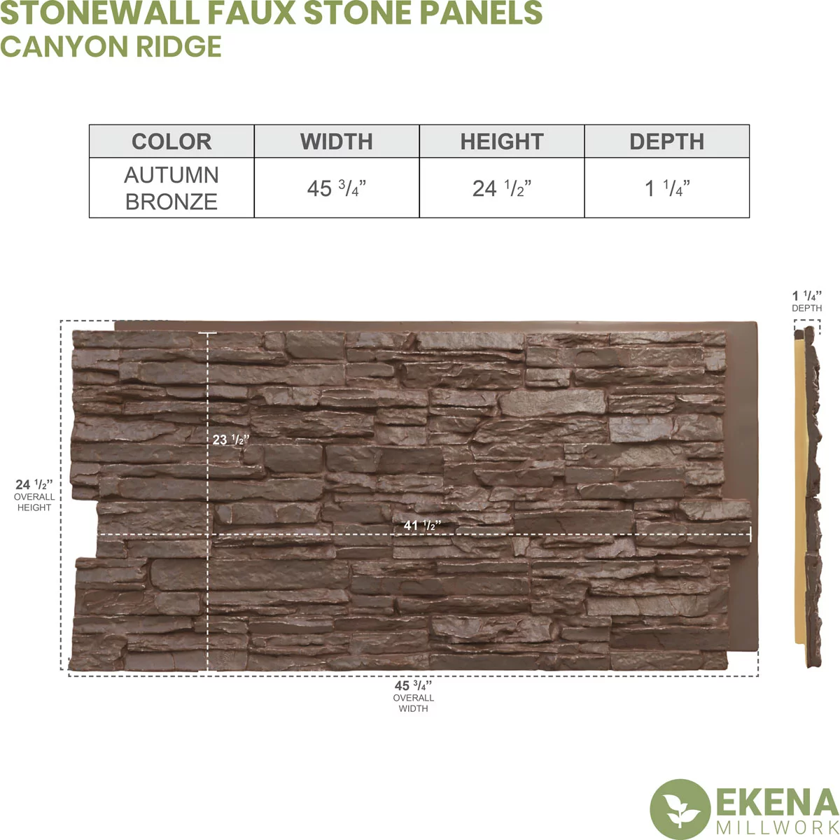 Ekena Millwork 45 3/4"W x 24 1/2"H x 1 1/4"D Canyon Ridge Stacked Stone, StoneWall Faux Stone Siding Panel, Autumn Bronze