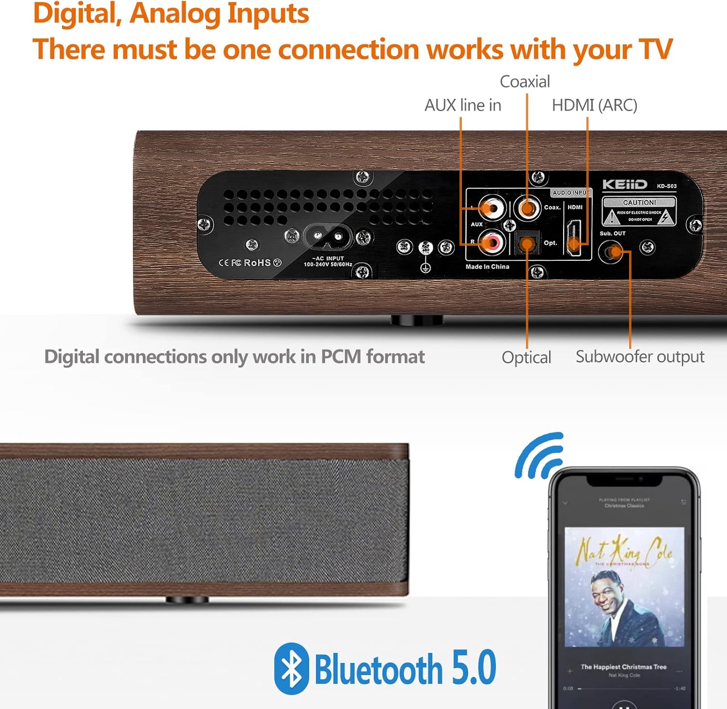 KEiiD Sound Bar for TV 2.1 CH Wooden Soundbar with Built-in Subwoofer, Bluetooth HDMI(ARC)/ Optical/Coaxial/RCA Connection, 4 EQ Modes Optional for Home Theater TV Speakers