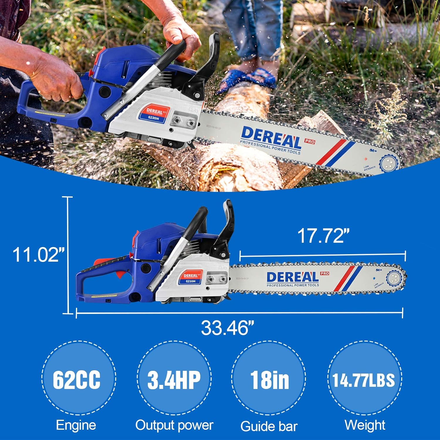 DEREAL Pro 6220H 62CC-2-Cycle Updated Version Gas-Chainsaw, 18-Inch Gas Powered Chainsaw, Cordless Petrol Gasoline Chain Saw for Trees Farm, Garden and Ranch