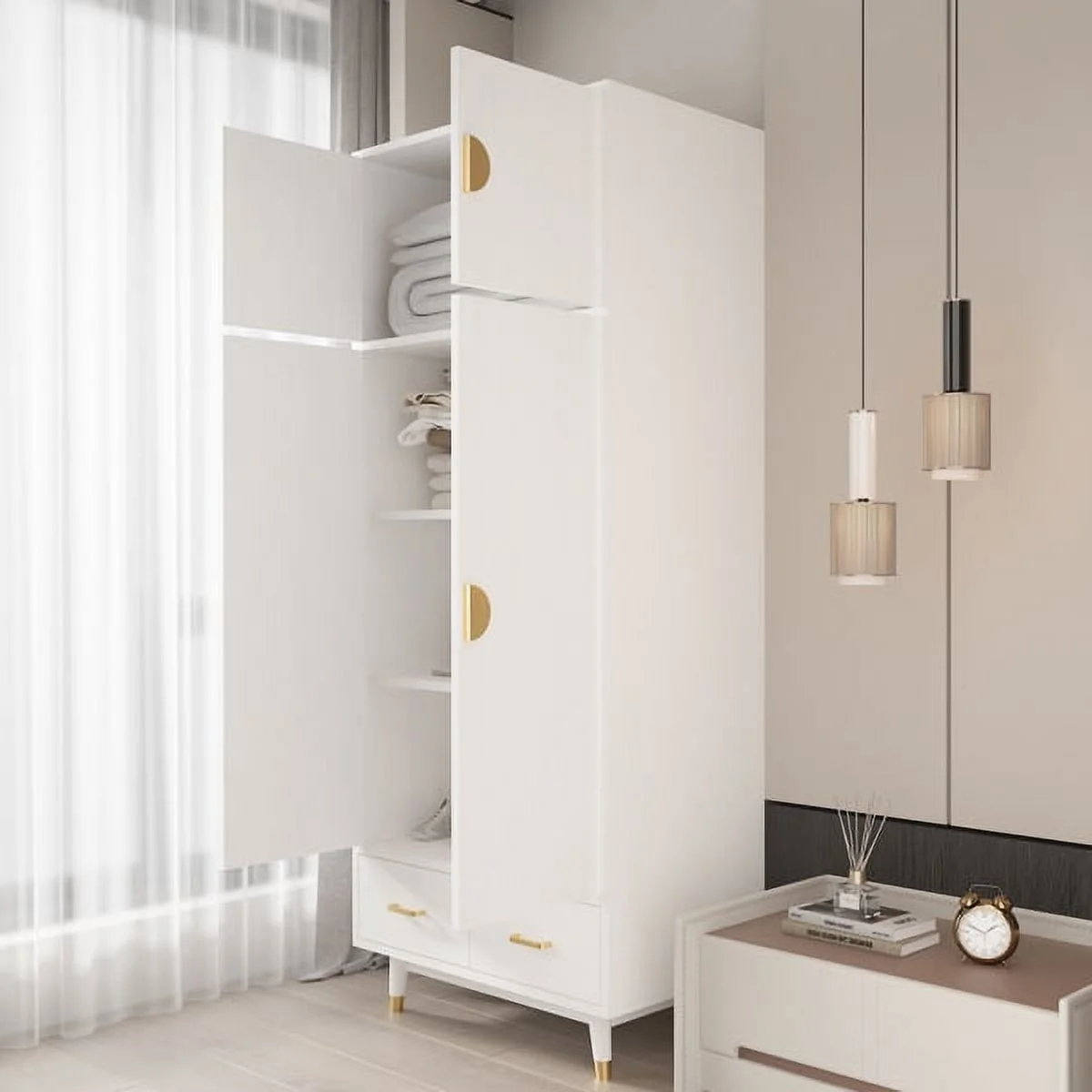 SYTHERS 4 Door Wood Wardrobe Bedroom Closet with Clothing Rod inside Cabinet and 2 Drawers for Storage, White(31.5"L x20.5"W x70.9"H)