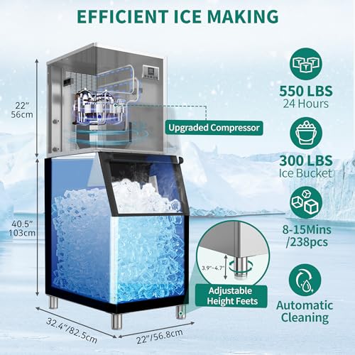YITAHOME Commercial Ice Maker Machine with Storage Bin, Upgraded Compressor, Self-Cleaning Stainless Steel Industrial Ice Mchine, Includes Ice Scoop, Ice Bucket and Connection Hose