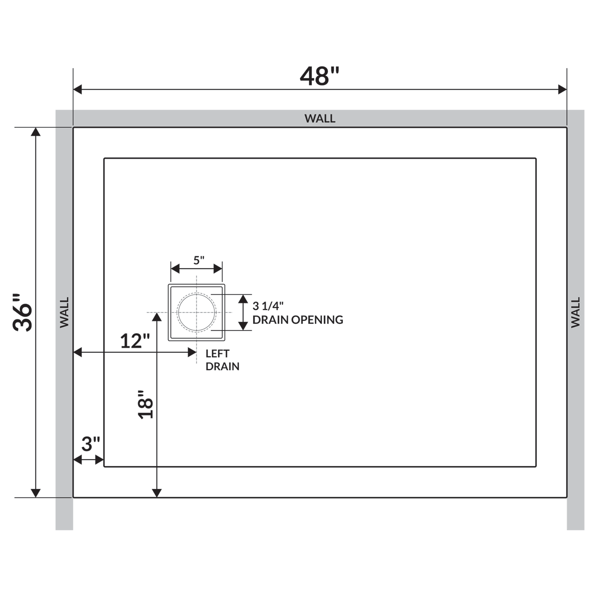 LessCare 48 x 36 Left Double Threshold Shower Pan Base Wall Corner Left Drain