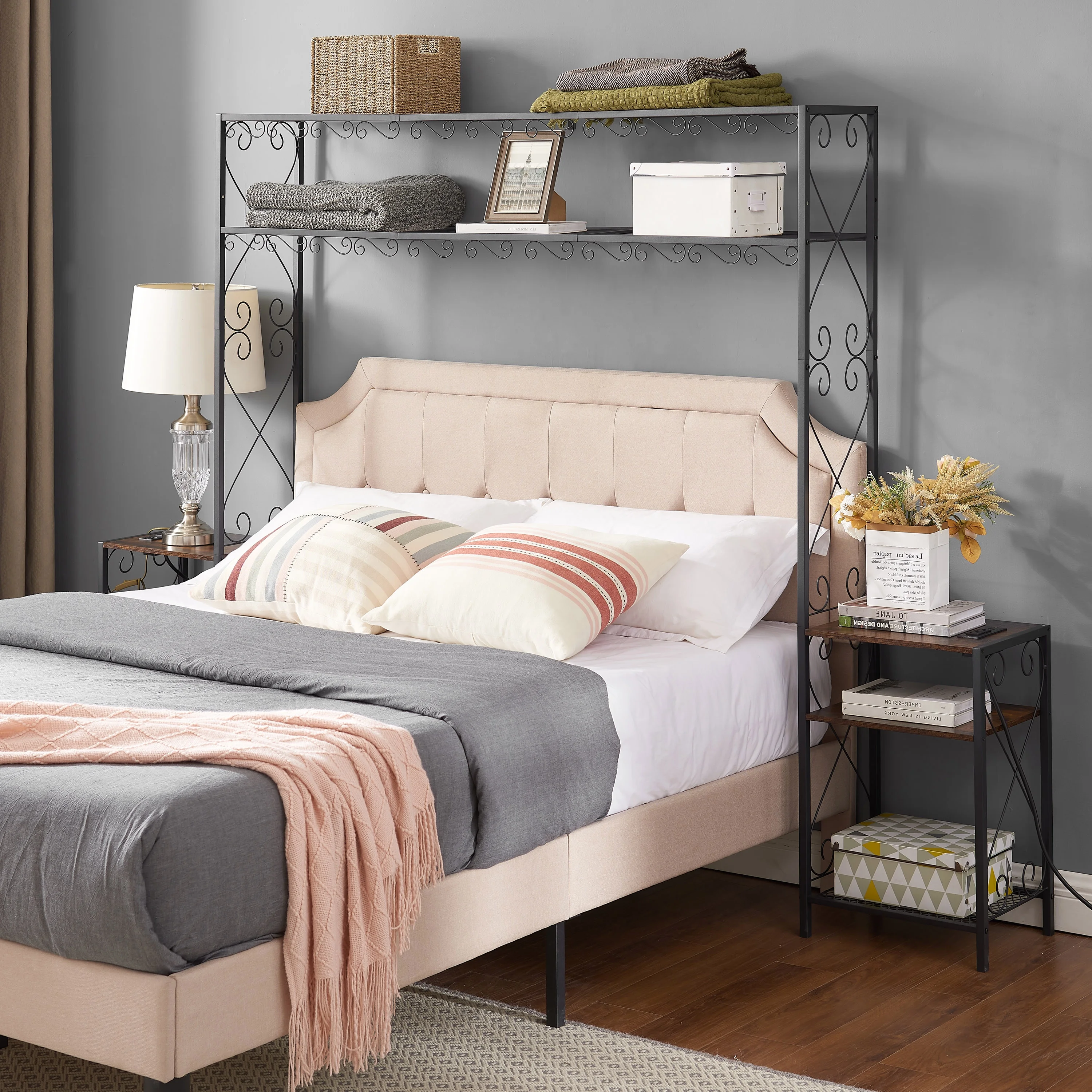 Queen Bed Frame with 2 Nightstands Headboards with Storage Cabinet, Headboard with Shelves, Bookcase Headboard Queen Easy Assembly for Bedroom Iron and Wood Rustic Brown