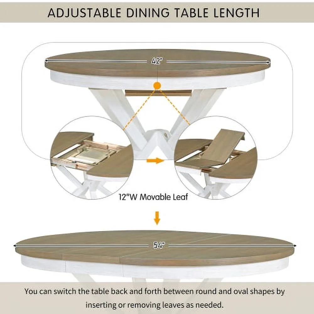 5-Piece Retro Functional Dining Table Set Extendable Round Table and 4 Upholstered Chairs for Dining Room and Living Room (Brown+Antique White)