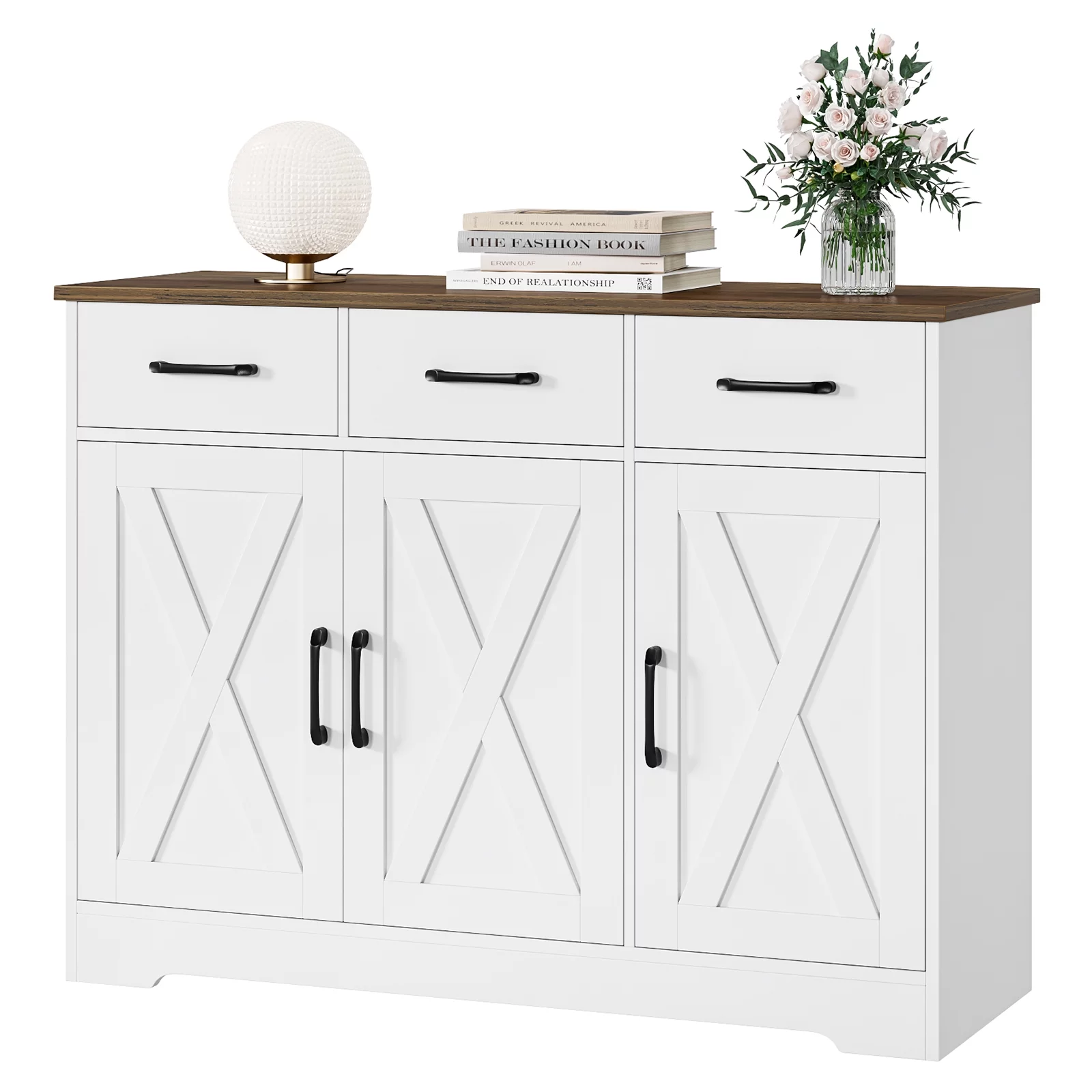 Homfa 42.5‘’ Kitchen Buffet Sideboard Cabinet, 3 Drawers Farmhouse Coffee Bar Storage Cabinet with Adjustable Shelf, White - Curated Treasures Market