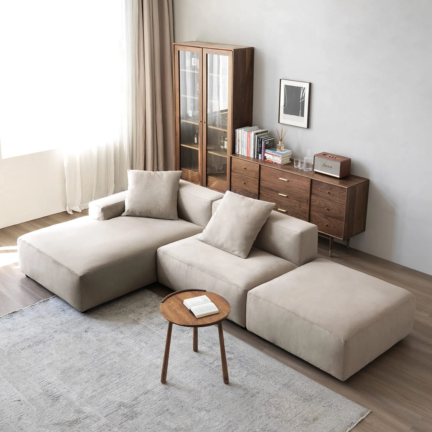 Acanva Luxury Modern Modular L-Shape Sectional Sofa Set  3 Seat Upholstered Couch with Chaise Lounge for Living Room Bedroom Apartment  Light Cream