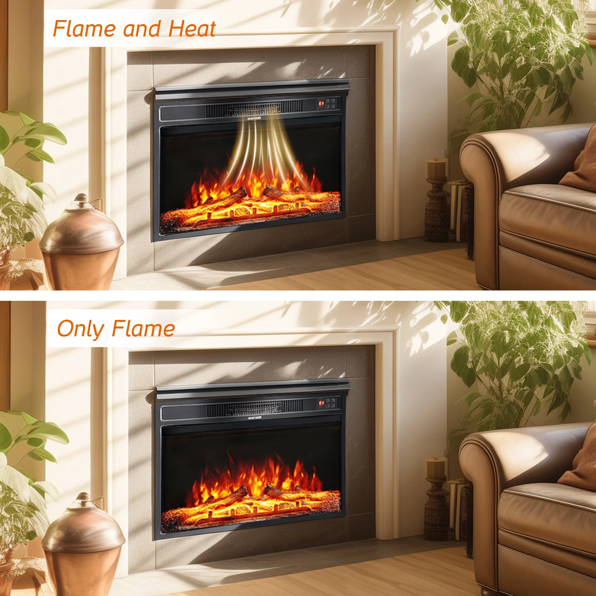 Electric Fireplace 28 inch, 1400W Fireplace Heater with Thermostat, Adjustable Flame Color and Brightness, Remote Control with Timer