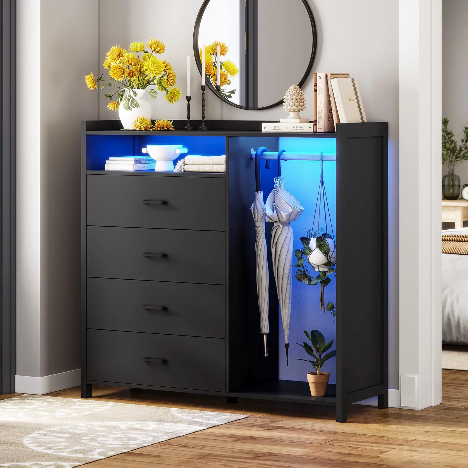 Afuhokles 4 Drawer Dresser for Bedroom with Clothing Rack, Dressers and Chests of Drawers with LED Lights, Modern Long Led Dresser for Bedroom Closet, Black
