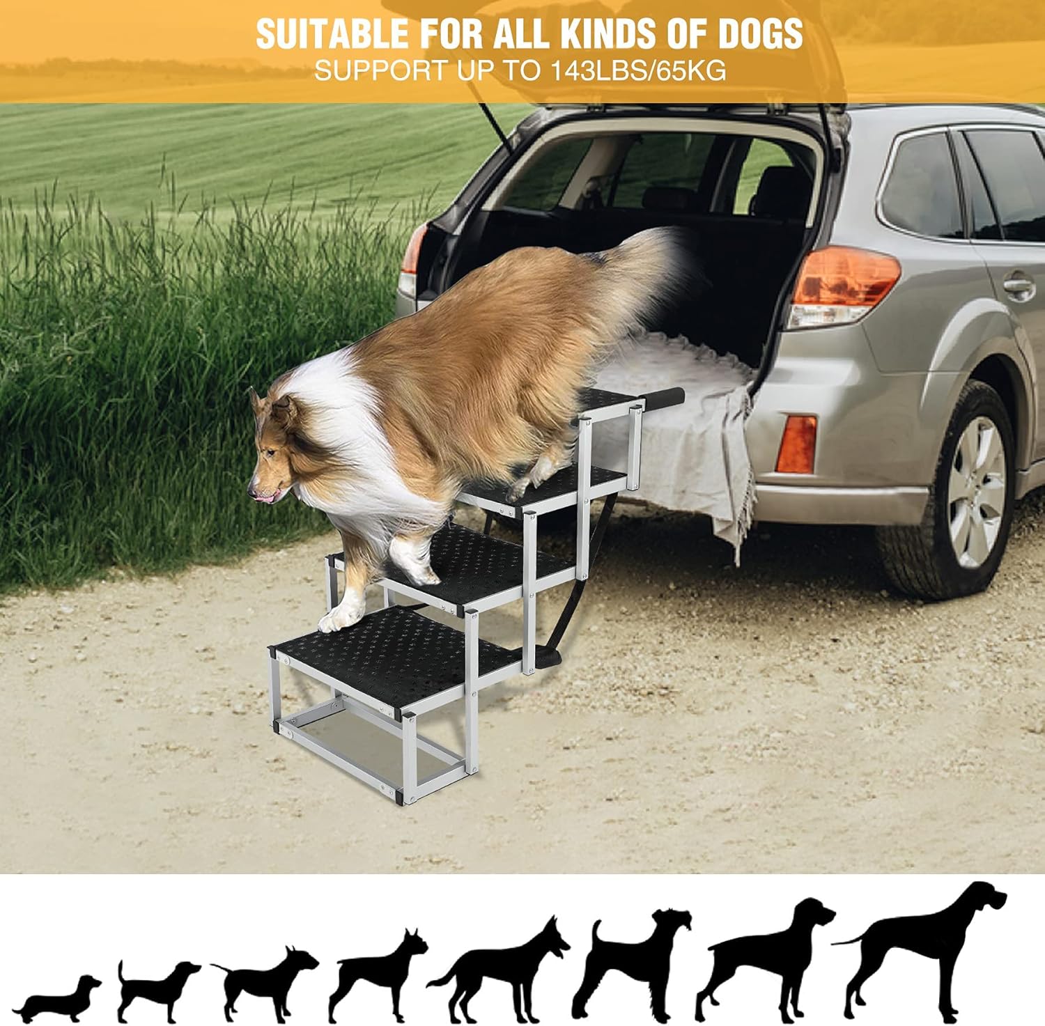 Domaker Dog Stairs for Large Dogs, Foldable Aluminum Lightweight Pet Ramps,Accordion Pet Ladder Dog Car Steps with Non-Slip Surface for High Beds, Trucks, Cars and SUV, Supports up to 150 lbs,4 Steps Pack of 2