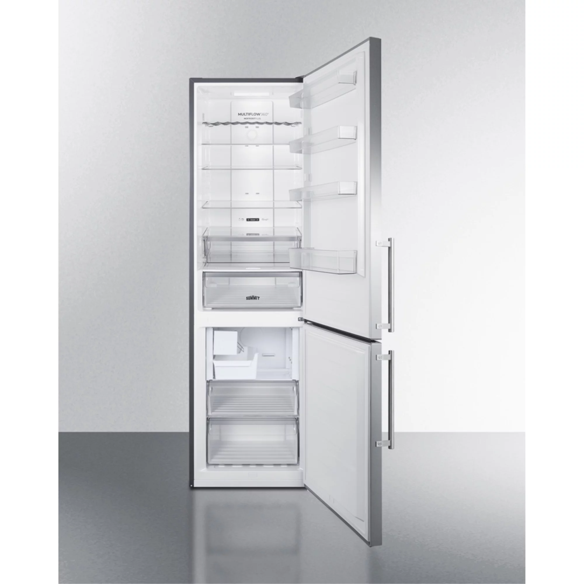 European counter depth bottom freezer refrigerator with icemaker, stainless steel doors, platinum cabinet, and digital controls for each section