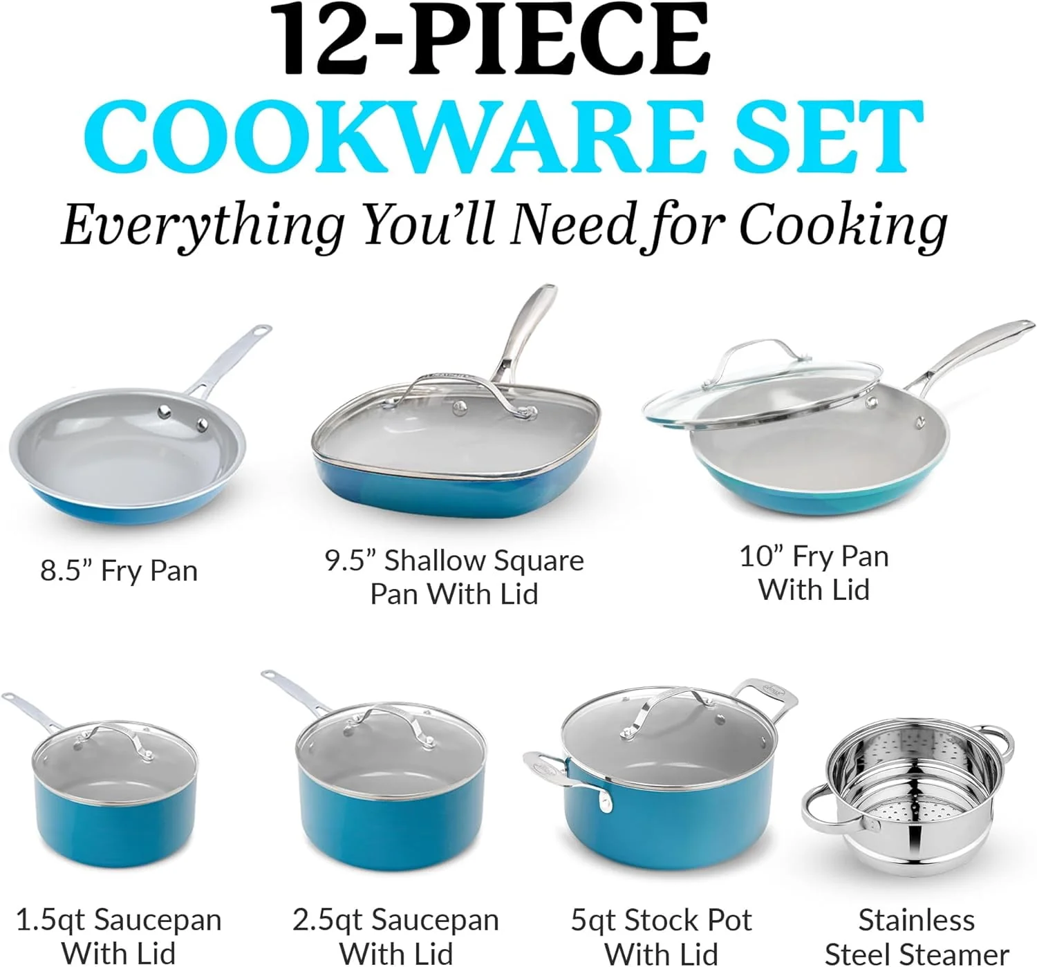 Gotham Steel Pots and Pans Set, 12 Pieces Kitchen Set with Non-Stick Ti-Cerama Copper Coating – Includes Skillets, Fry Pans and Stock Pots, Ocean Blue