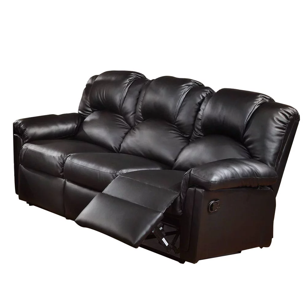 3 Seats Bonded Leather Manual Motion Reclining Sofa in Black