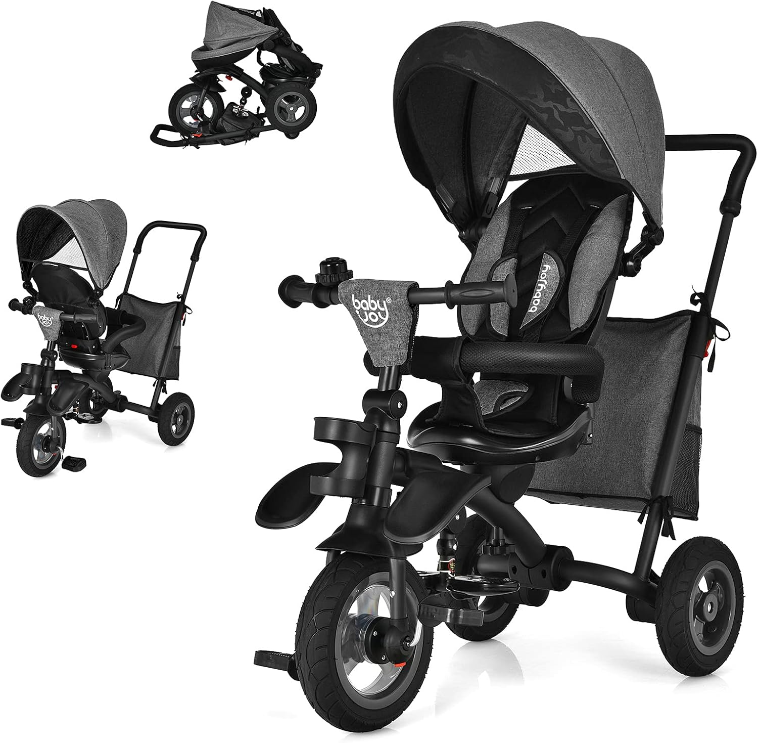 BABY JOY Toddler Tricycle, 7 in 1 Folding Steer Trike w/Rotatable Seat, Adjustable Canopy, Push Handle, Guardrail, Safety Harness, Brakes, Cup Holder & Storage, Tricycle for Toddlers Ages 1.5-5 (Blue)