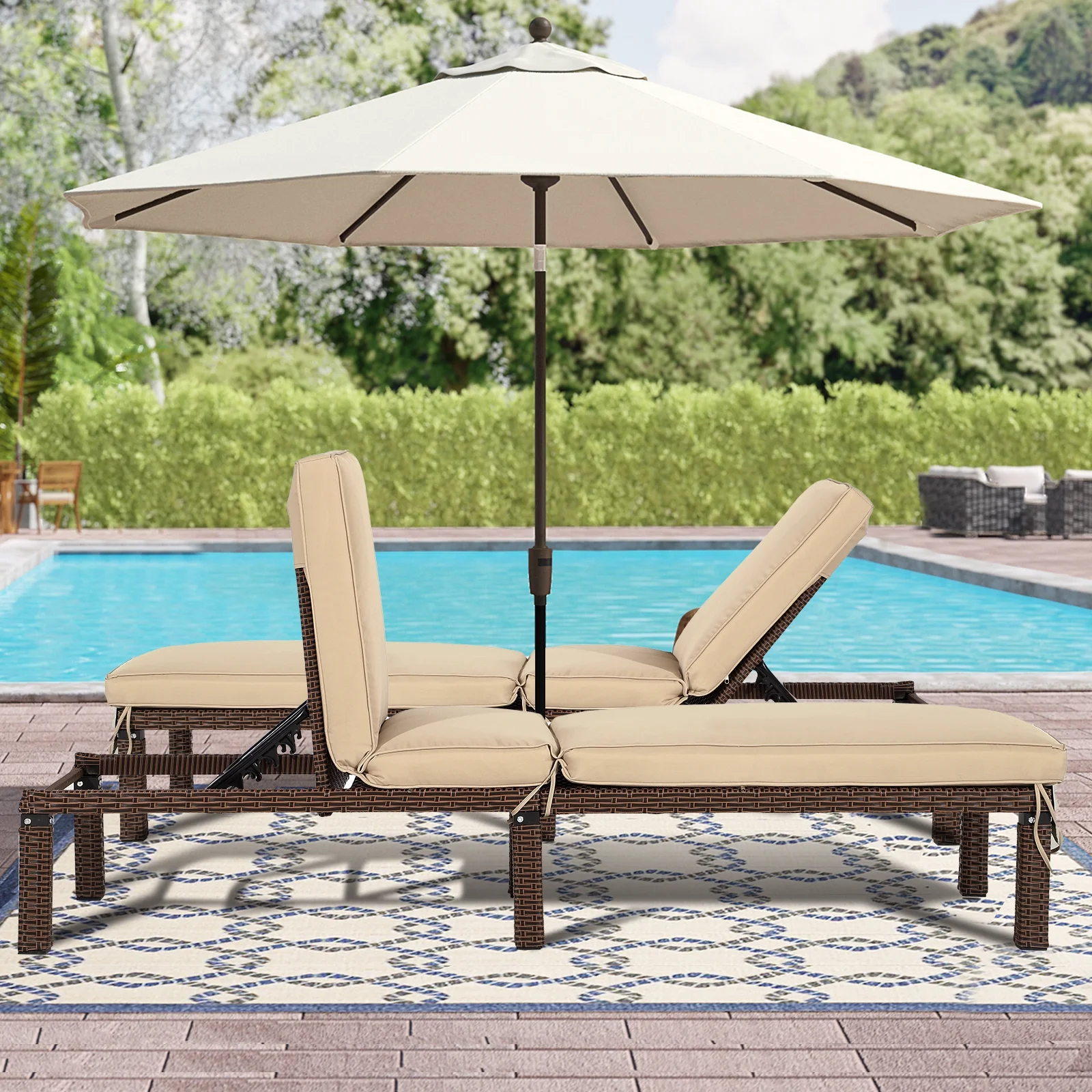 Magic Union Outdoor Rattan Wicker Chaise Lounge Chair with Adjustable Backrest & Cushion, Set of 2-Khaki