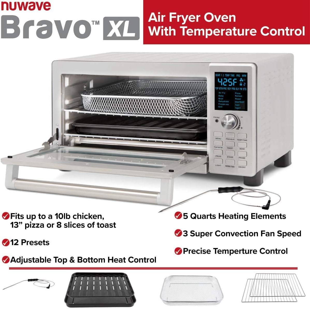 NUWAVE Bravo Air Fryer Toaster Smart Oven, 12-in-1 Countertop Convection, 30-QT XL Capacity, Integrated Temperature Probe for Perfect Results, Heavy Duty Racks with Load of Over 30 Pounds, 50°-500°F Temperature Controls, Top and Bottom Heater Adjustm