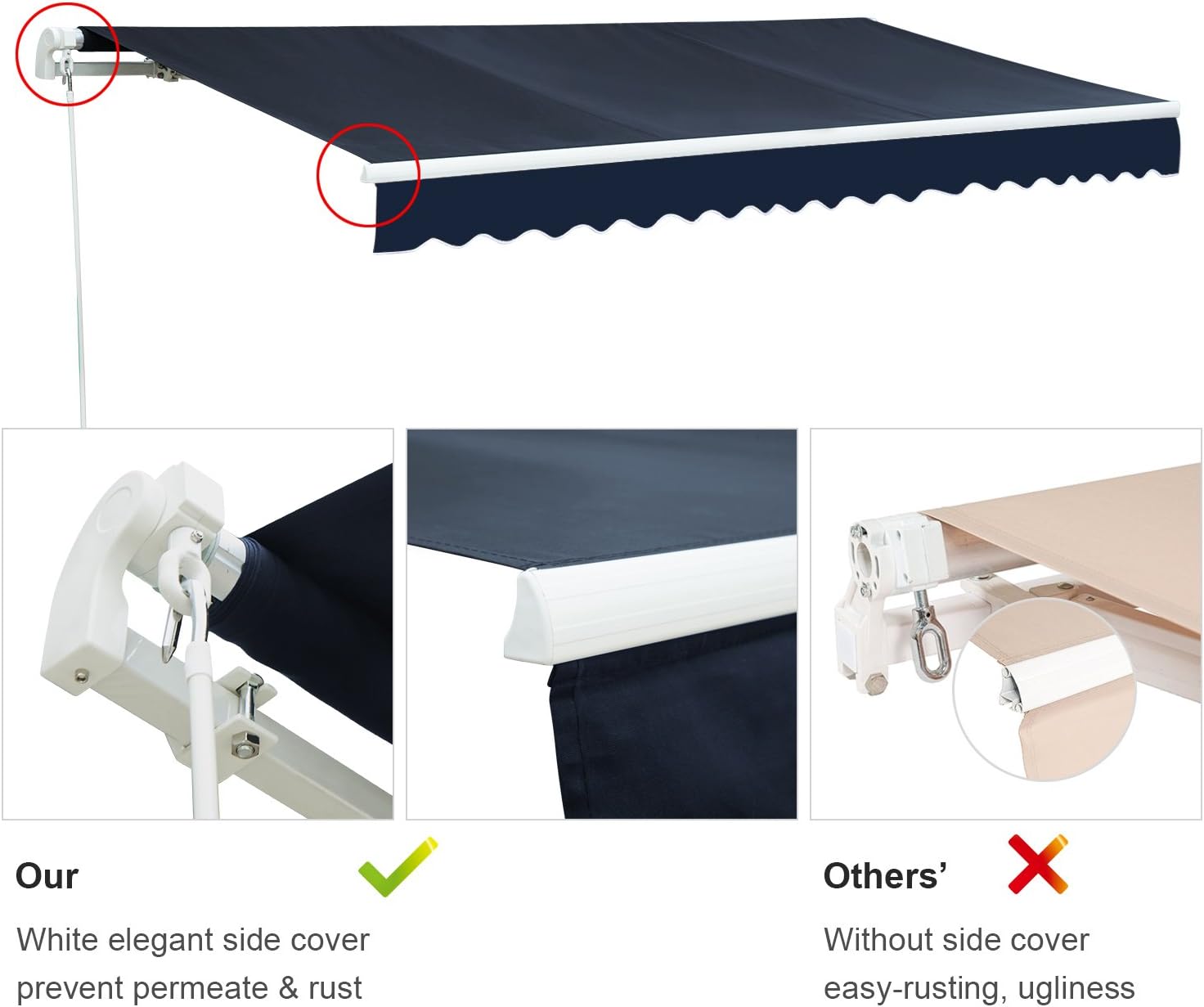 Diensweek Patio Awning Retractable Fully Assembled 12'x8', Manual Commercial Grade Awnings - Quality 100% 280G Ployester Window Door Sunshade Shelter - Deck Canopy Balcony P100 Series ( Navy Blue)