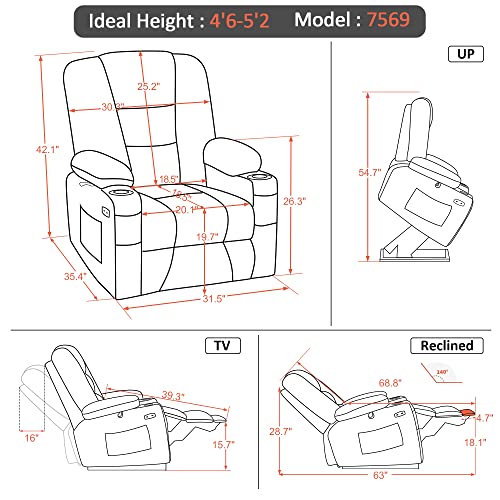MCombo Small Power Lift Recliner Chair with Massage and Heat for Petite People, Cup Holders, USB Ports, Side Pockets, Fabric 7569 (Small-Regular, Brown)