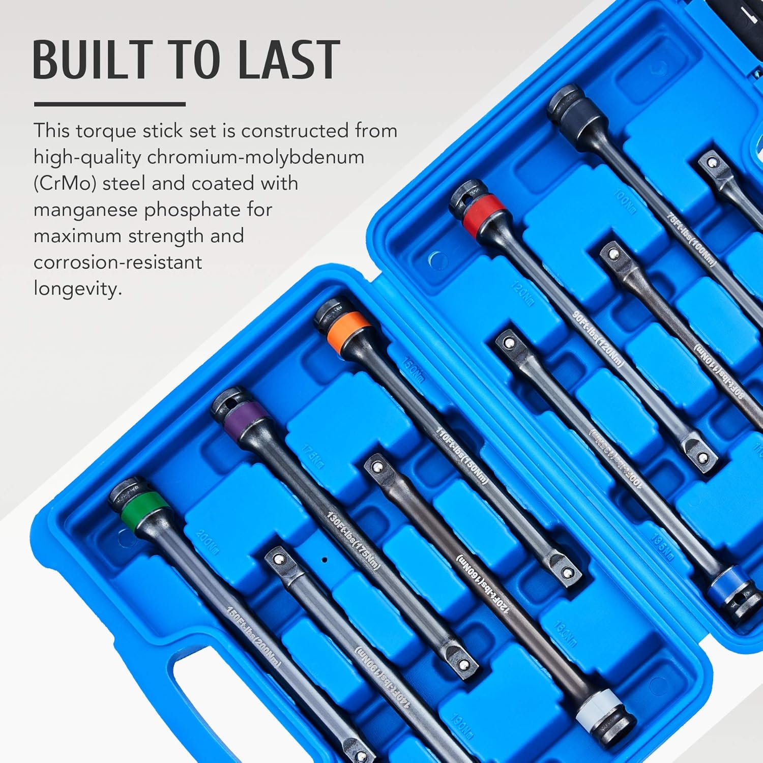10pc 1/2" Drive Torque Limiting Extension Bar Set, Torque Extension Tool Set with 8 Inch 65-150 ft.-lb. Torque Sticks for Safely Locking Lug Nuts, Impact Torque Limiter Set Pack of 2