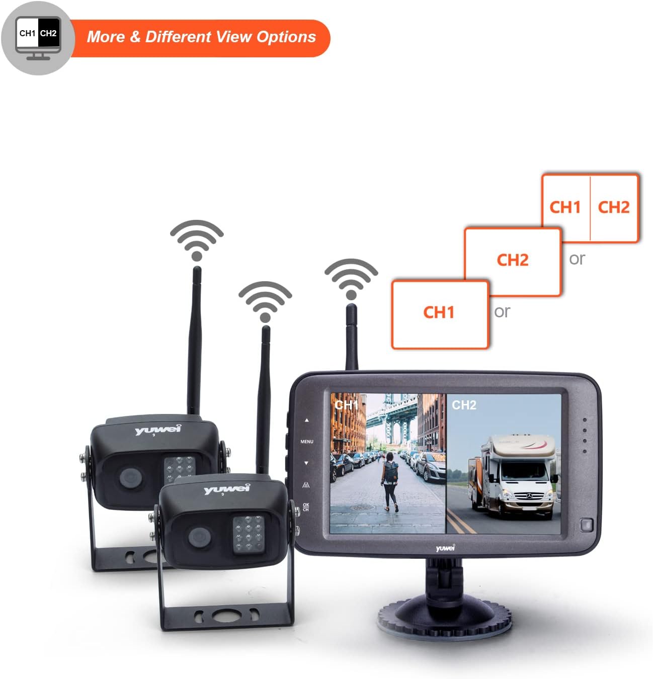 Wireless Backup Camera with 5 inch Split Screen, Ip69k Waterproof Wireless Rear View Camera with Night Vision, Support add 2nd Wireless reversing Camera for Trailer, Rv, Trucks, Motorhome, etc