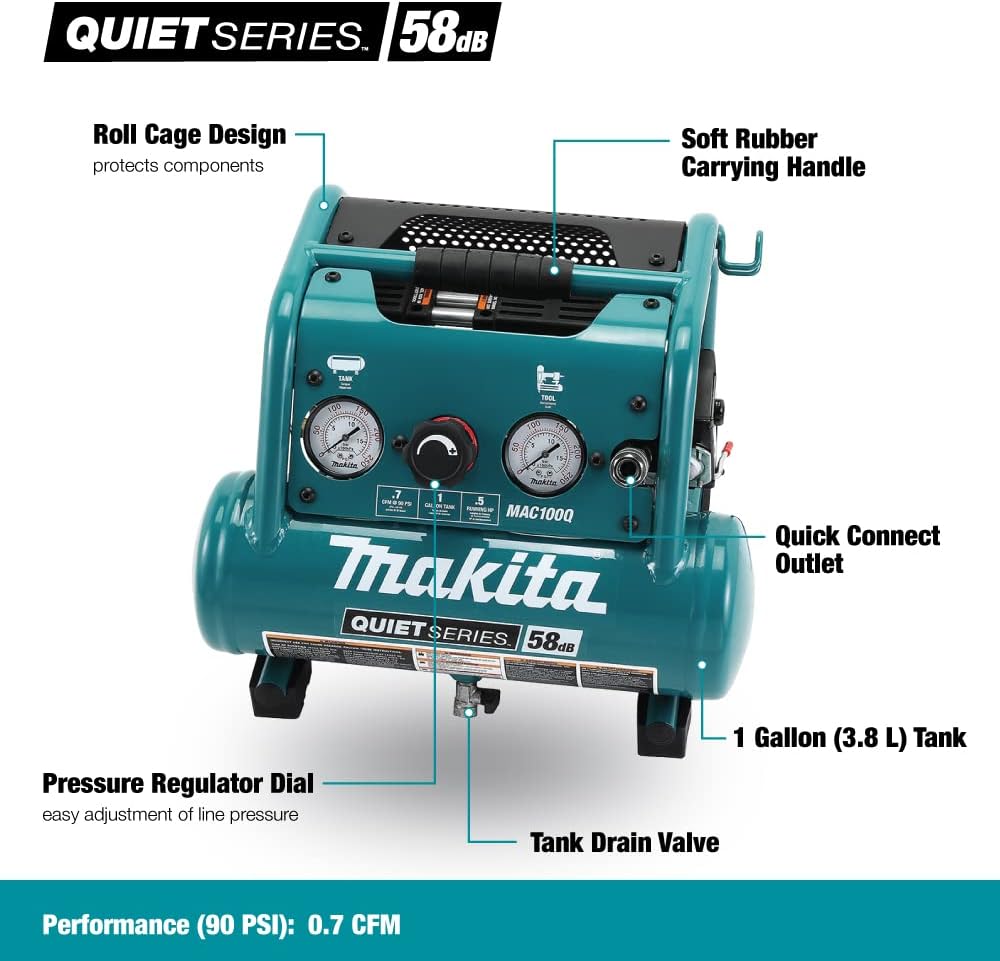 Makita MAC100Q Quiet Series, 1/2 HP, 1 Gallon Compact, Oil-Free, Electric Air Compressor