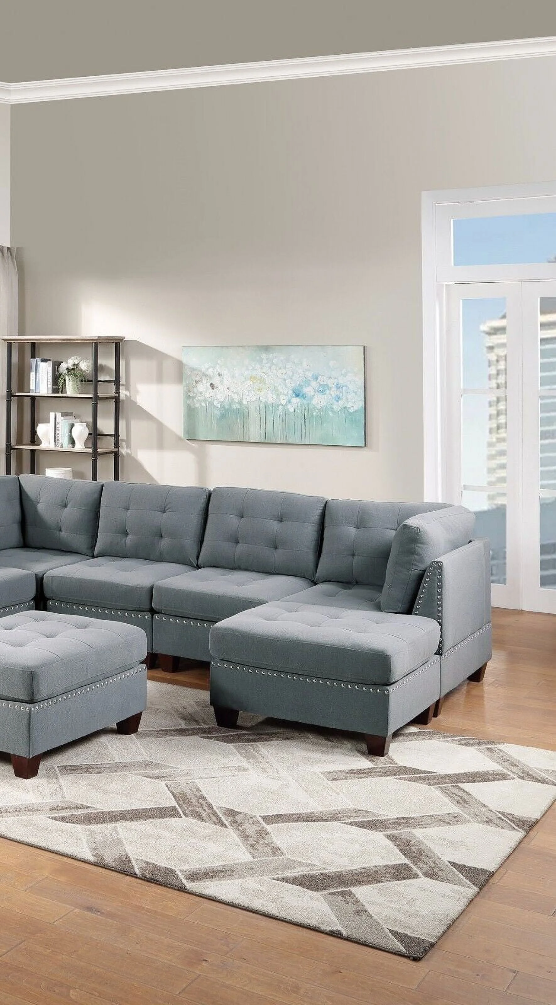 Living Room Gray Fabric Tufted Nailheads Cushion 9pcs Sectional Sofa Set 3x Corner Wedge 4x Armless Chairs 2x Ottomans Couch