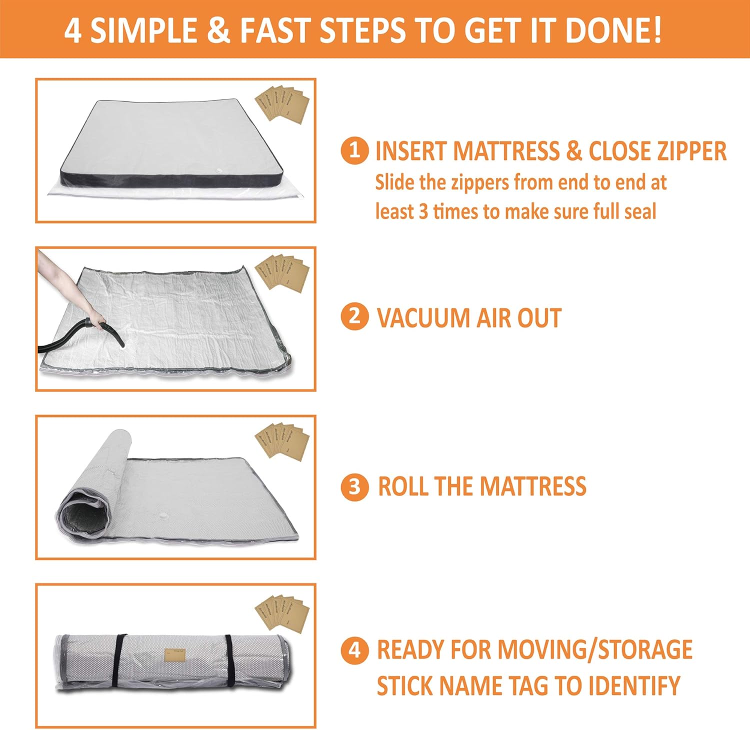 (King/Cal King) Foam Mattress Vacuum Bag 5 Name Tags, Straps Included, Mattress Vacuum Sealable Bag