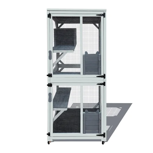 Wooden Catio Outdoor Cat Enclosure, 71 Inch Luxury Cat House on Wheels with Napping House, 4 Platforms & Weatherproof Asphalt Roof, Large Kitty Cat Condo Cage Shelter Playpen with Sliding Doors