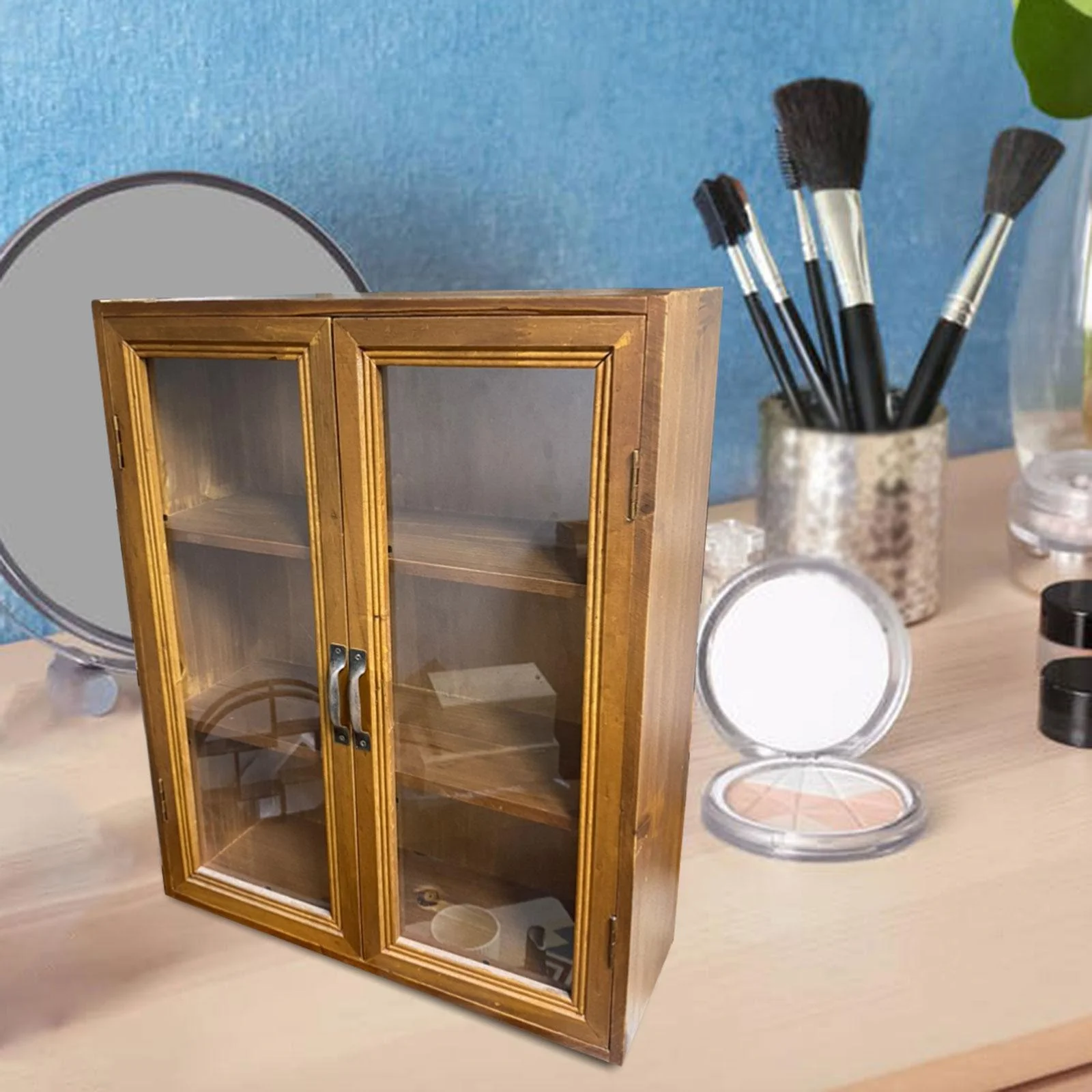 Retro Storage Cabinet Organizer Tabletop Showcase Small Rustic Display Cabinet Storage Shelf for Dresser Bedroom Living Room Style C