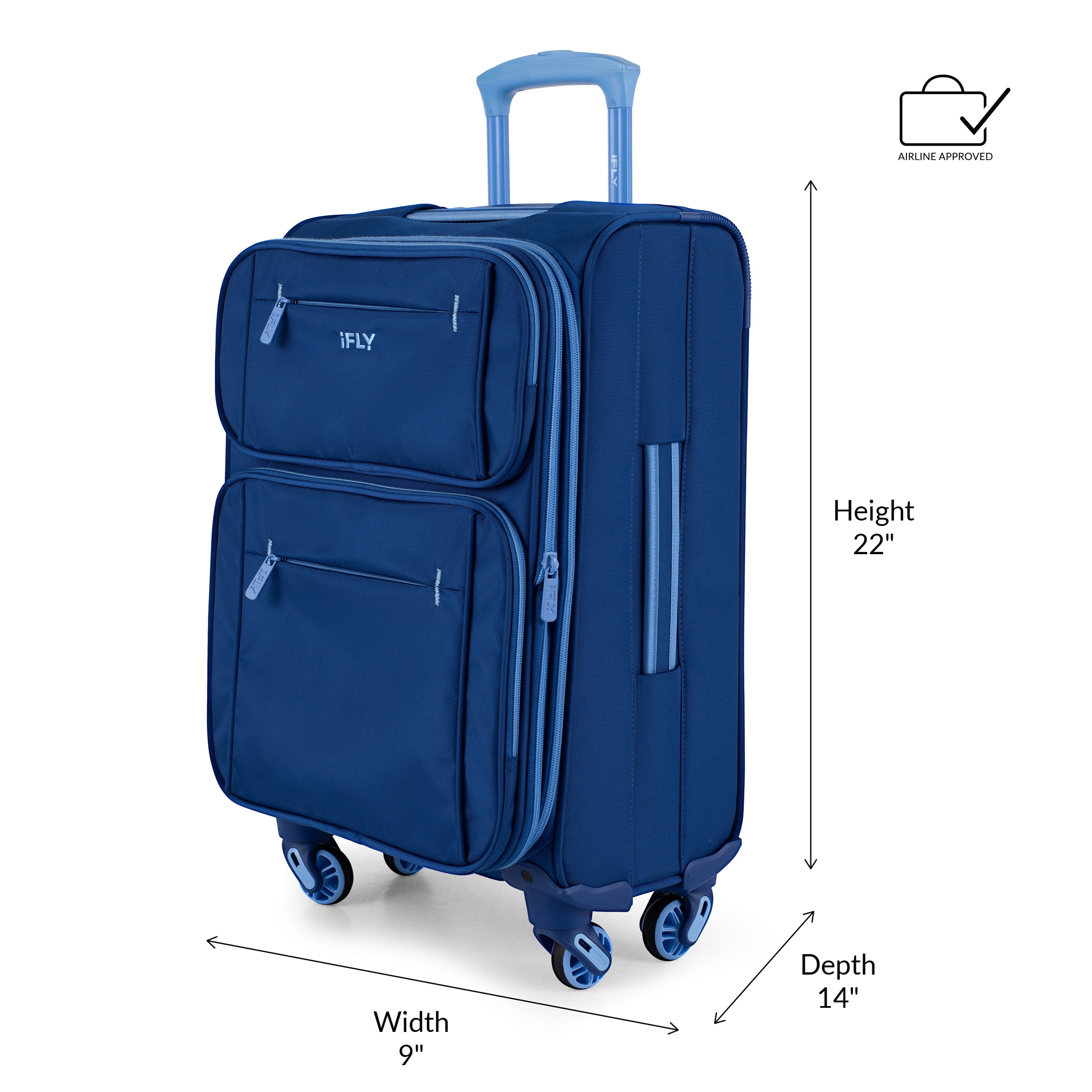 iFLY Softside Accent 3 Piece Set 4-Wheel Spinner, 20" Carry-on, 24" Checked Luggage and 28" Checked Luggage, Navy/Light Blue