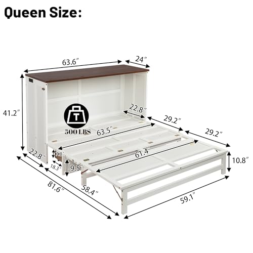 Queen Murphy Bed Cabinet, Murphy Bed Queen with Storage Drawer & Charging Station, USB Port, Solid Pine Wall Beds for Home Office, Studio or Guest Room, White