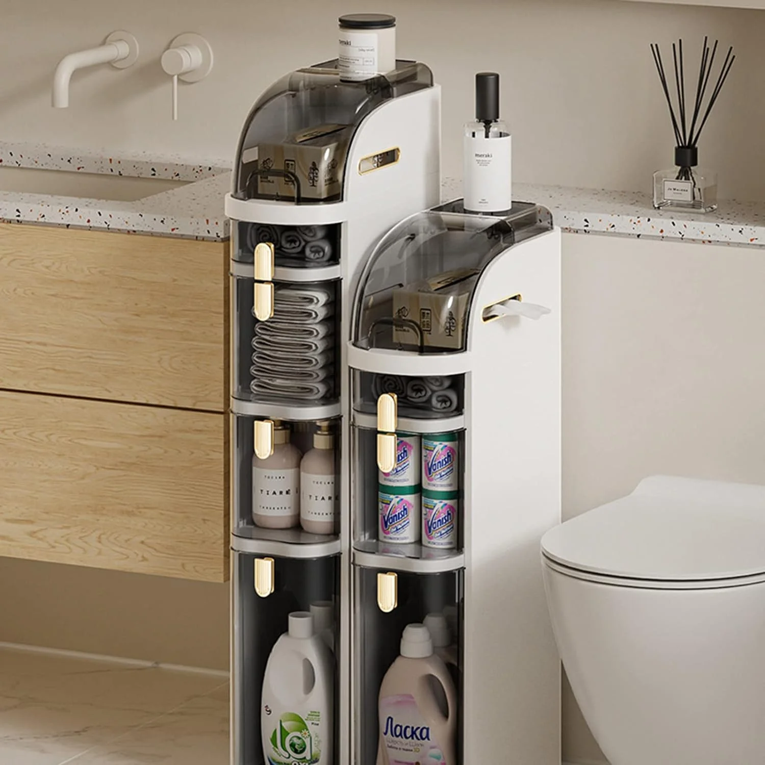 WANHUI 4-Tiers Bathroom Floor Cabinet Narrow Slim Gap Tower Organizer Side Rolling Unit Towel Storage with Clear Drawers for Small Space Laundry Living Room Fast Installation