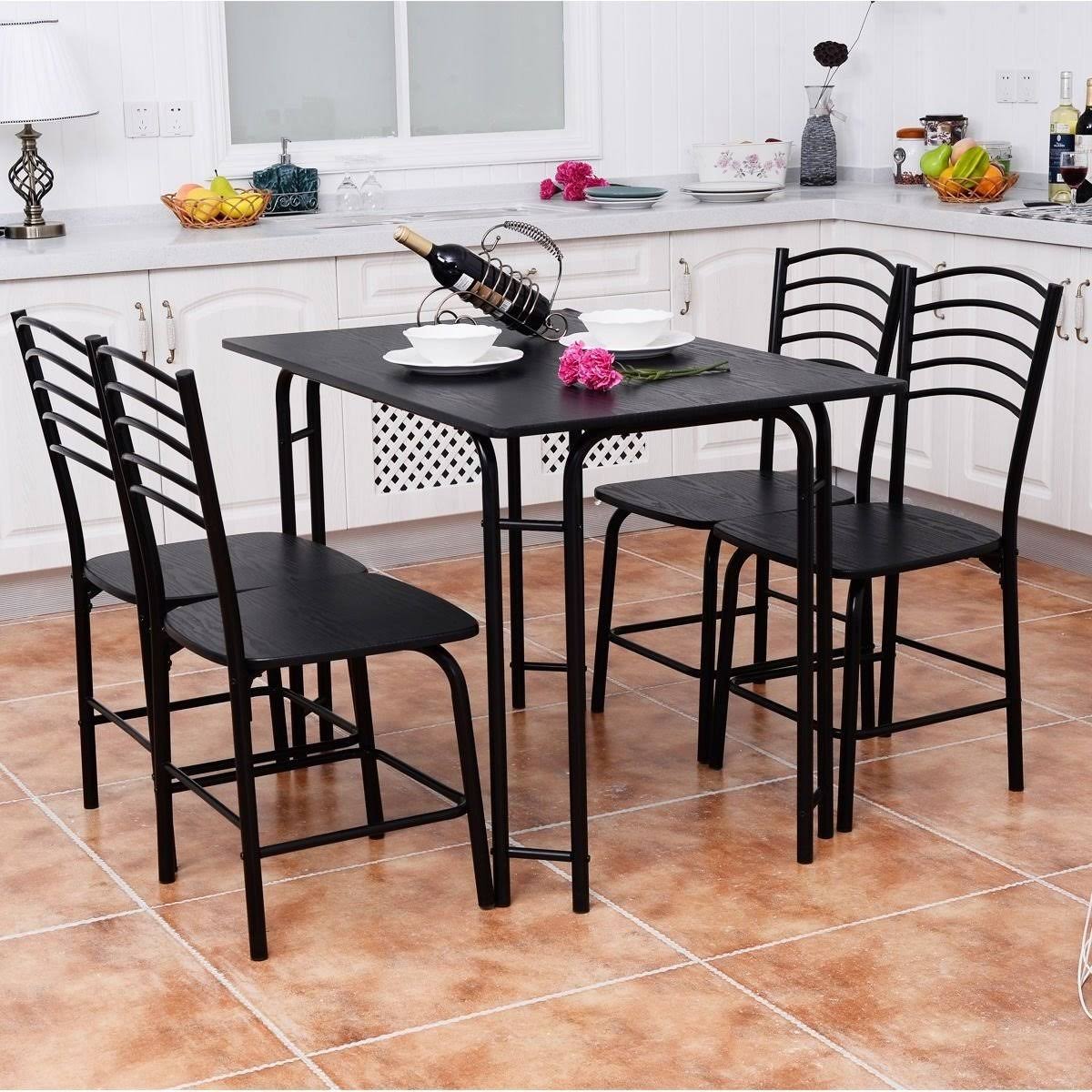 5 Piece Modern Dining Table Set 4 Chairs Steel Frame Home Kitchen Furniture Black - Avayadevconnect