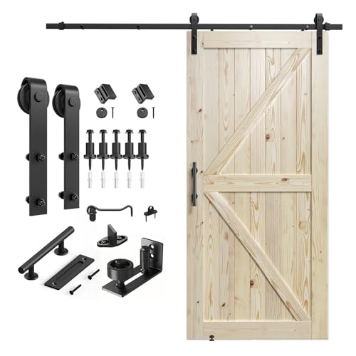 SMARTSTANDARD 36in x 84in Sliding Barn Door with 6.6ft Barn Door Hardware Kit Included, Unfinished Solid Spruce Wood Door, Assembly Required, DIY, Stainable, Natural