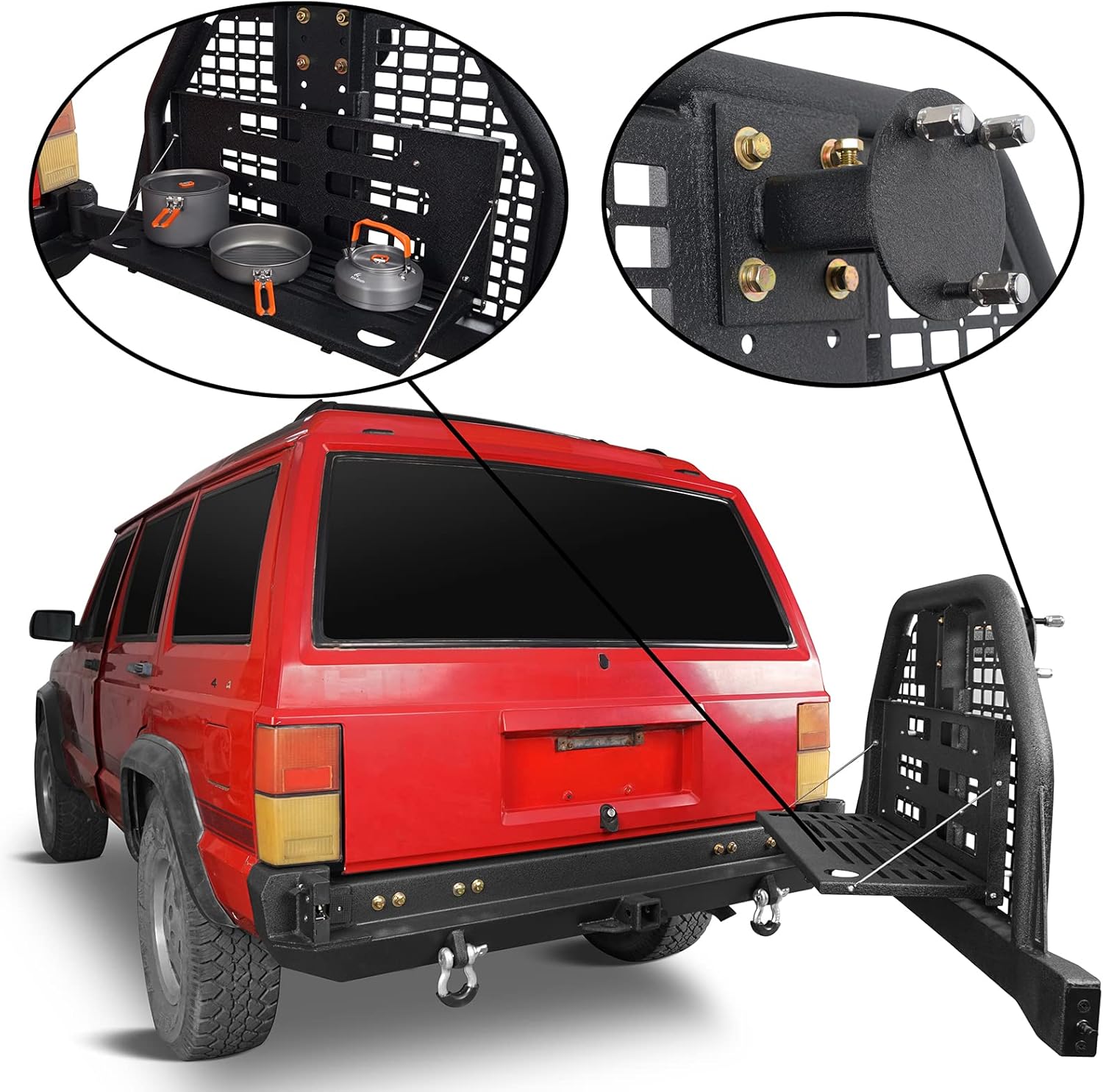 Hooke Road for Jeep Cherokee XJ 84-01, Rear Bumper w/ Swing Out Tire Carrier & Foldable Table (Textured Black Steel)