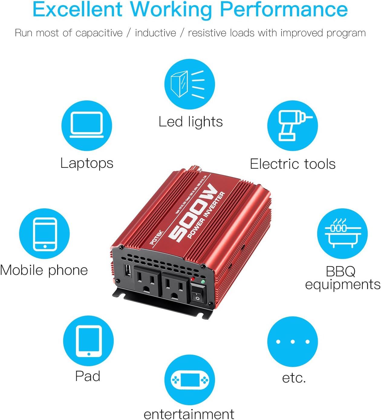POTEK 500W Car Power Inverter DC 12V to AC 110V with 2AC outlets and 2A USB Port