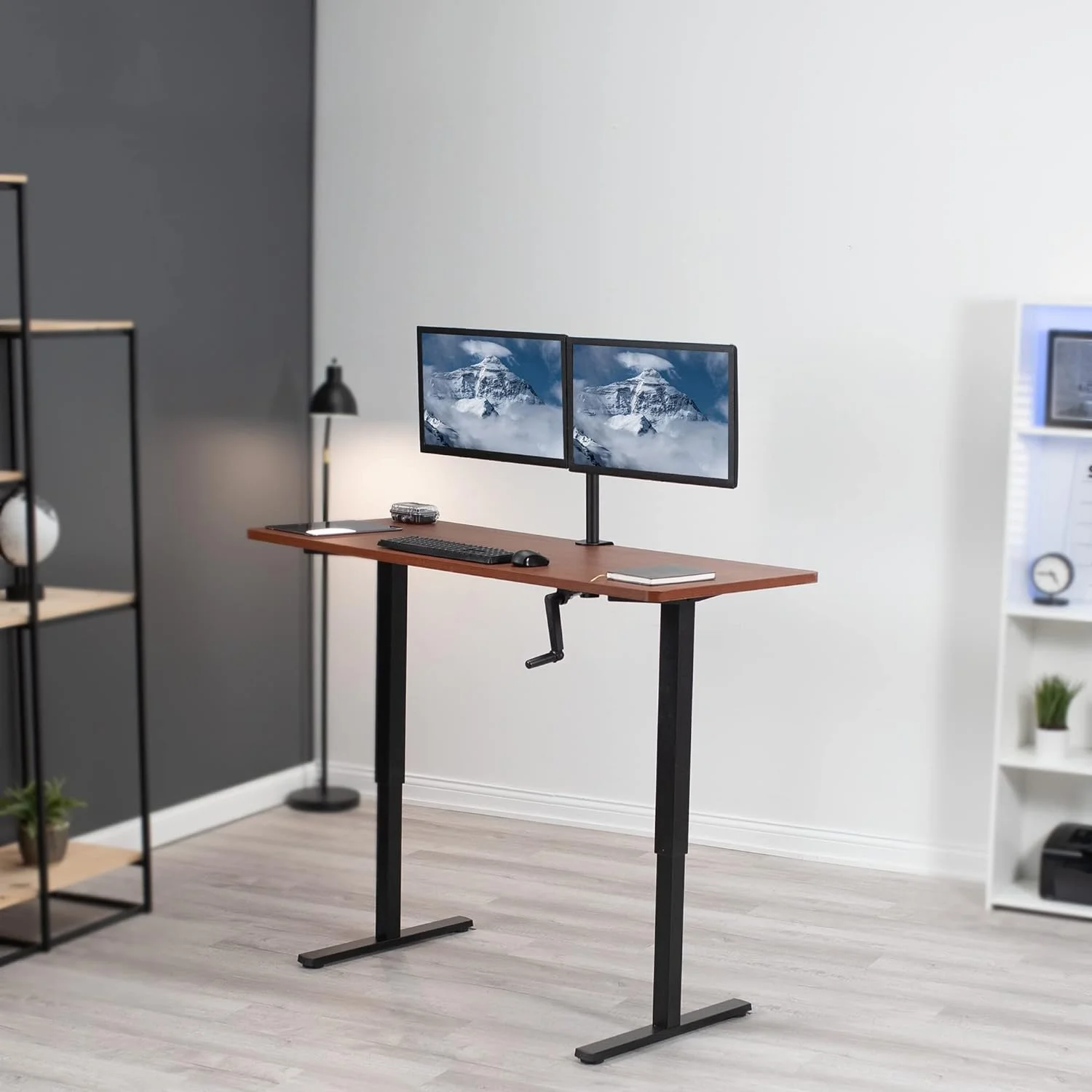 Manual Height Adjustable 60 X 24 Inch Stand Up Desk, Dark Walnut Solid One-Piece Table Top, Black Frame, Standing Workstation With Foldable Handle, DESK-KIT-MB6D